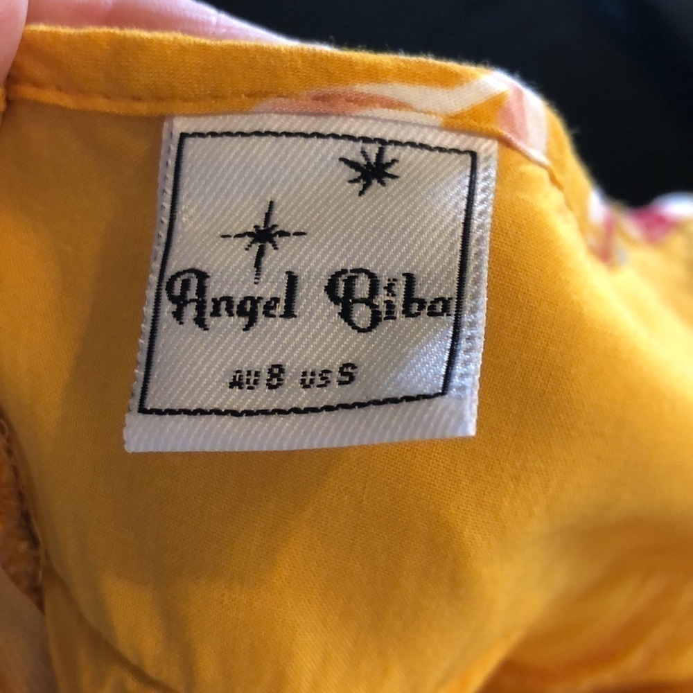 Angel Biba Mustard Color Floral Spaghetti Strap Festival Babydoll Dress Size S - Picture 11 of 13